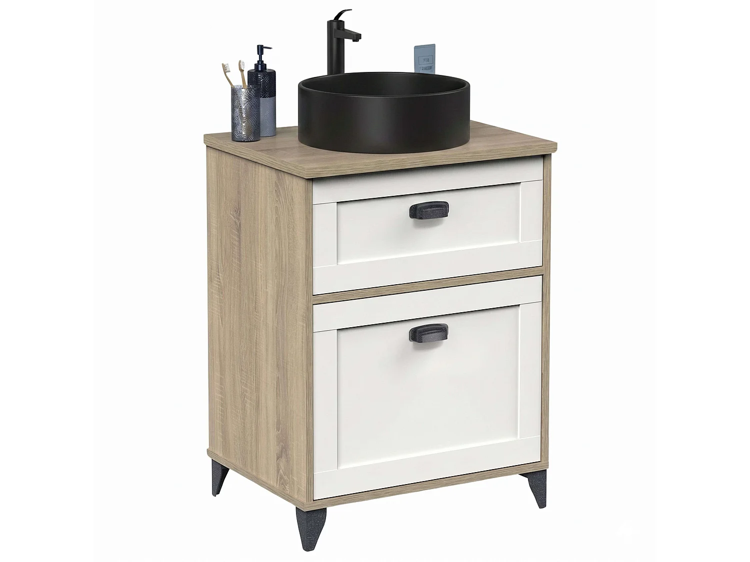 Mueble baño Toscana 2 cajones blanco soft roble cambrian lavabo negro 61 cm