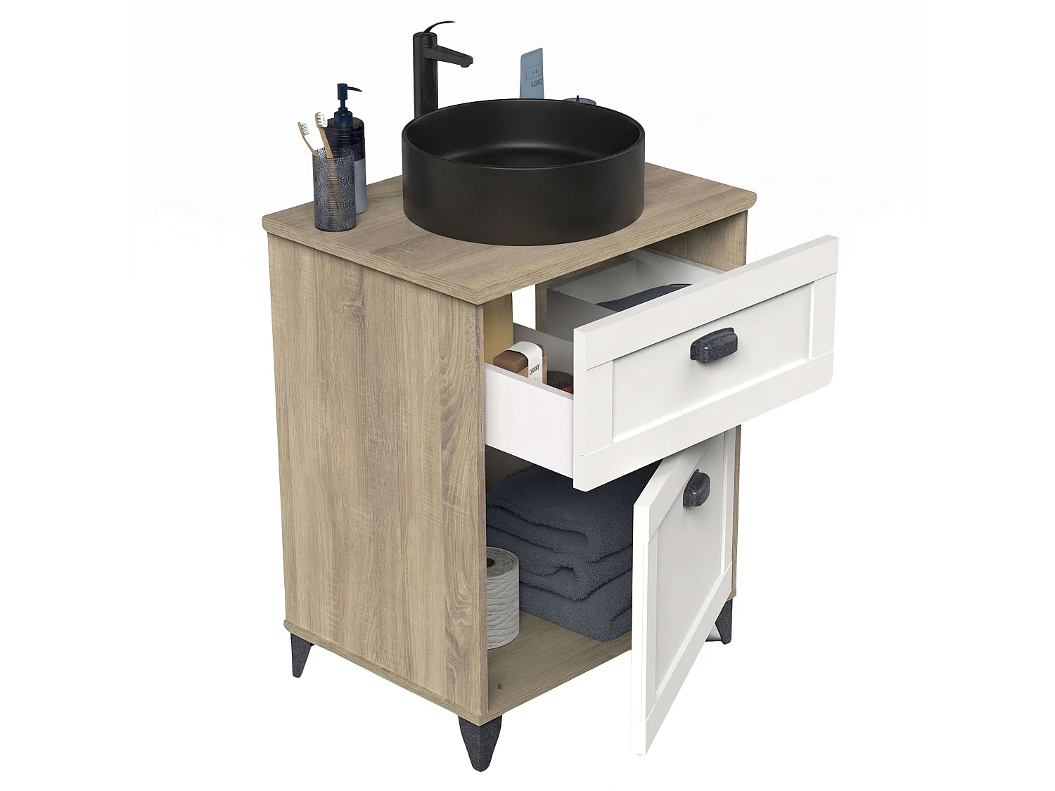 Mueble baño Toscana 2 cajones blanco soft roble cambrian lavabo negro 61 cm
