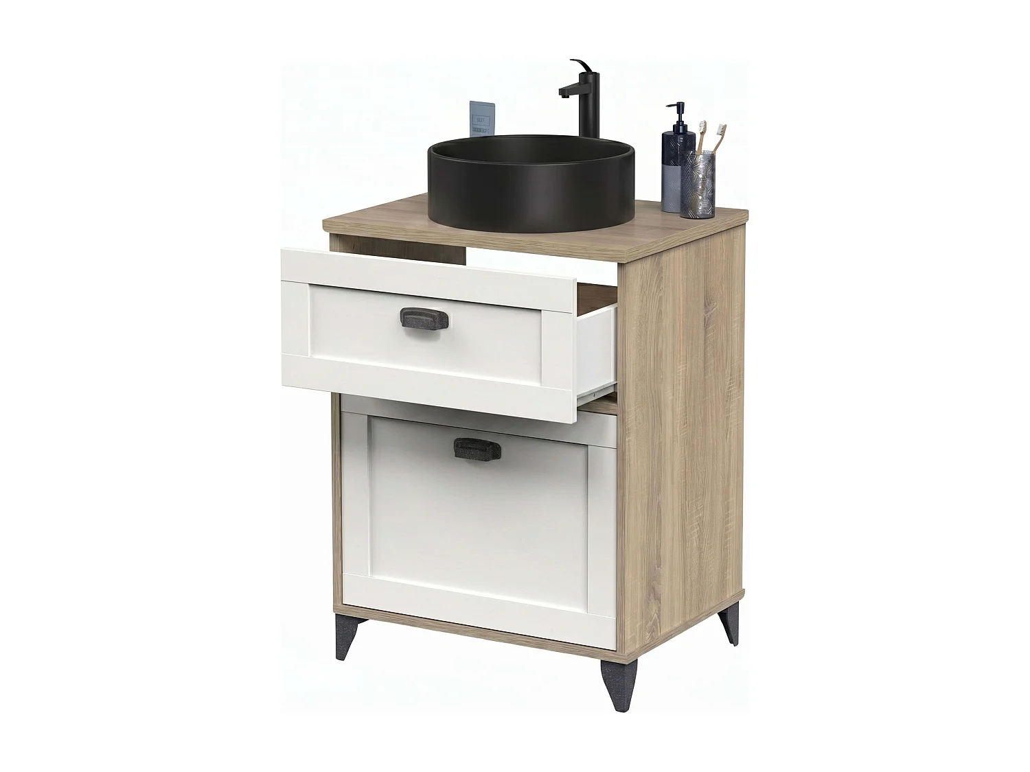 Mueble baño Toscana 2 cajones blanco soft roble cambrian lavabo negro 61 cm