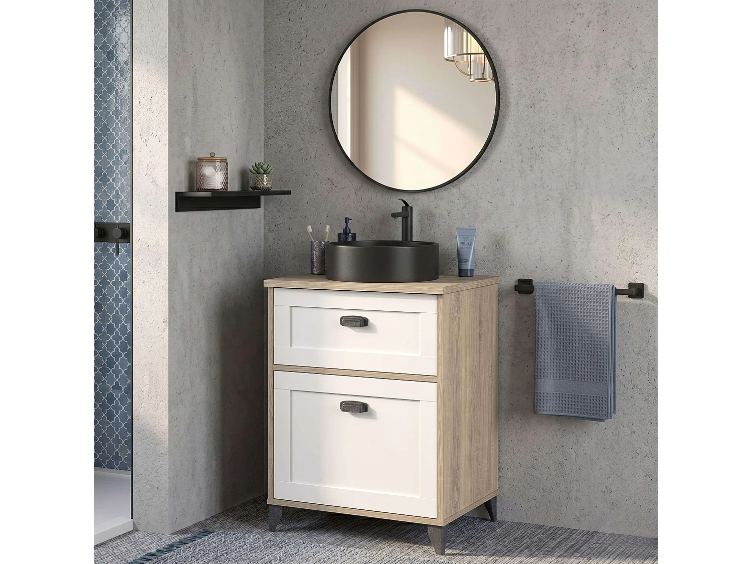 Mueble baño Toscana 2 cajones blanco soft roble cambrian lavabo negro 61 cm