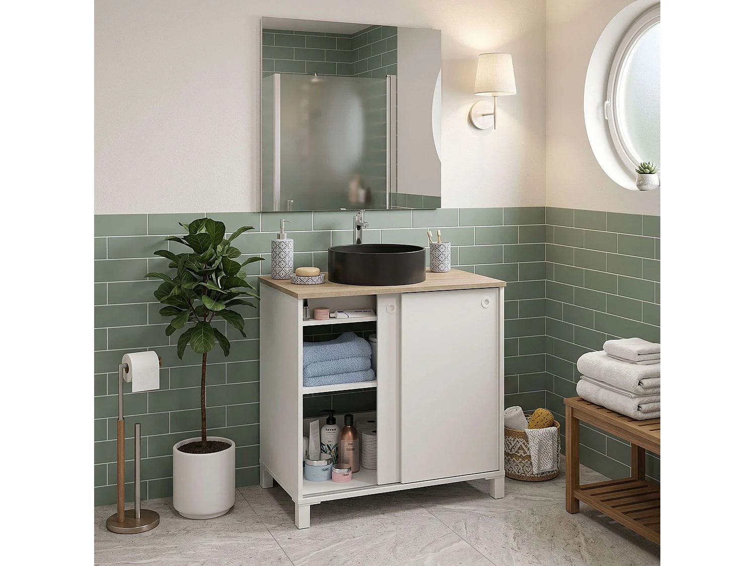 Mueble de baño Sella melamina 2 puertas y 1 estante con lavabo negro 81 cm