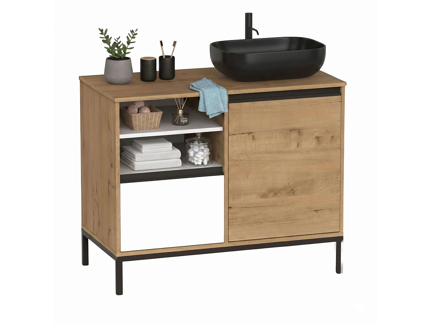 Mueble de baño con patas Támesis blanco madera claro 100cm lavabo negro