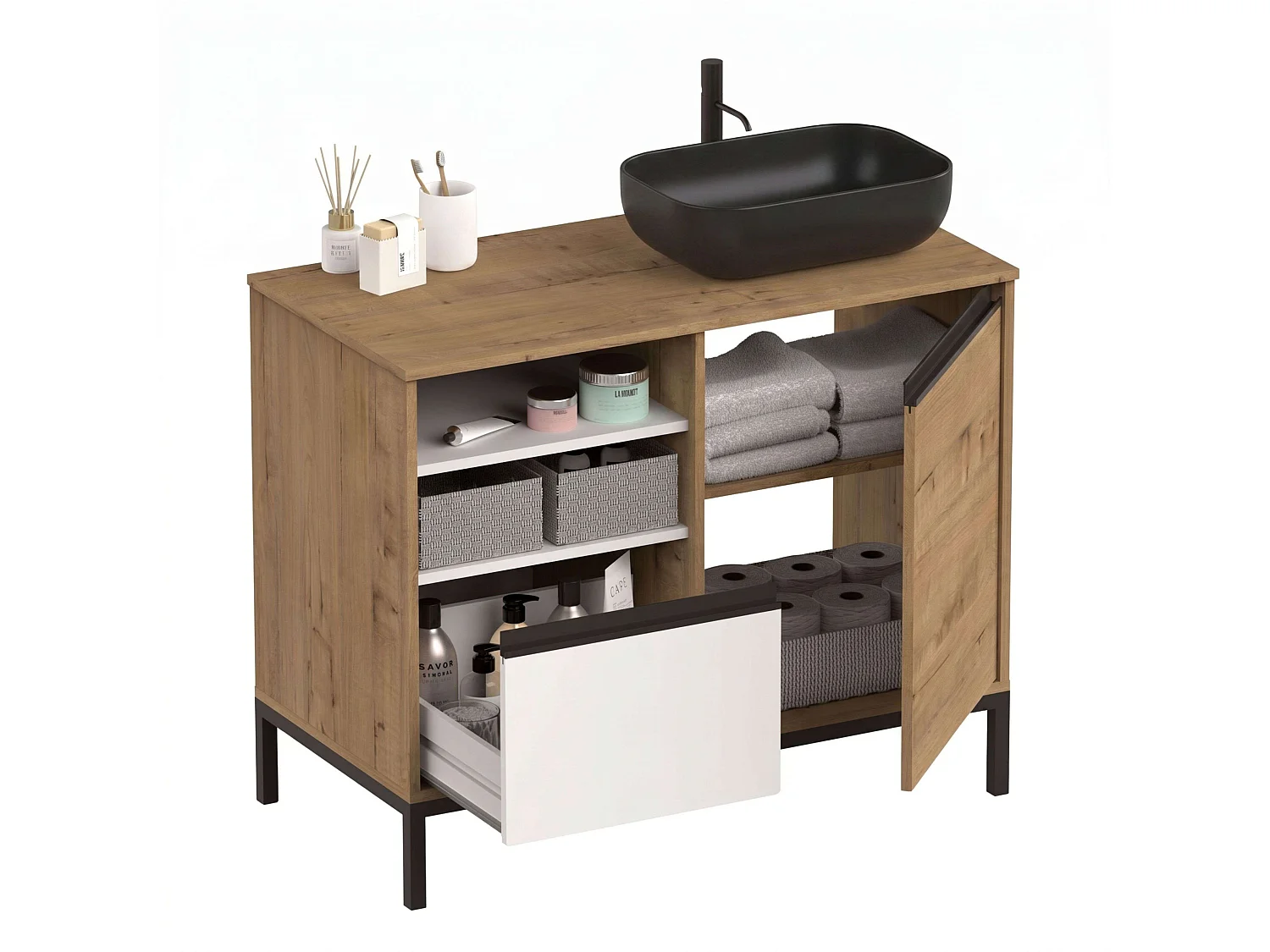 Mueble de baño con patas Támesis blanco madera claro 100cm lavabo negro