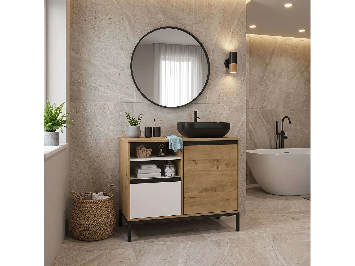 Mueble de baño con patas Támesis blanco madera claro 100cm lavabo negro