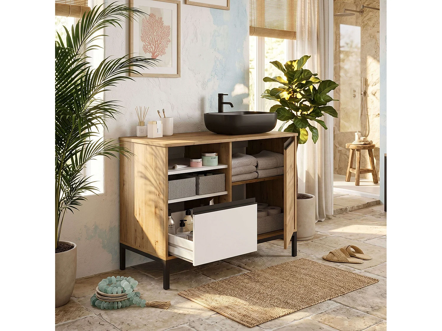 Mueble de baño con patas Támesis blanco madera claro 100cm lavabo negro