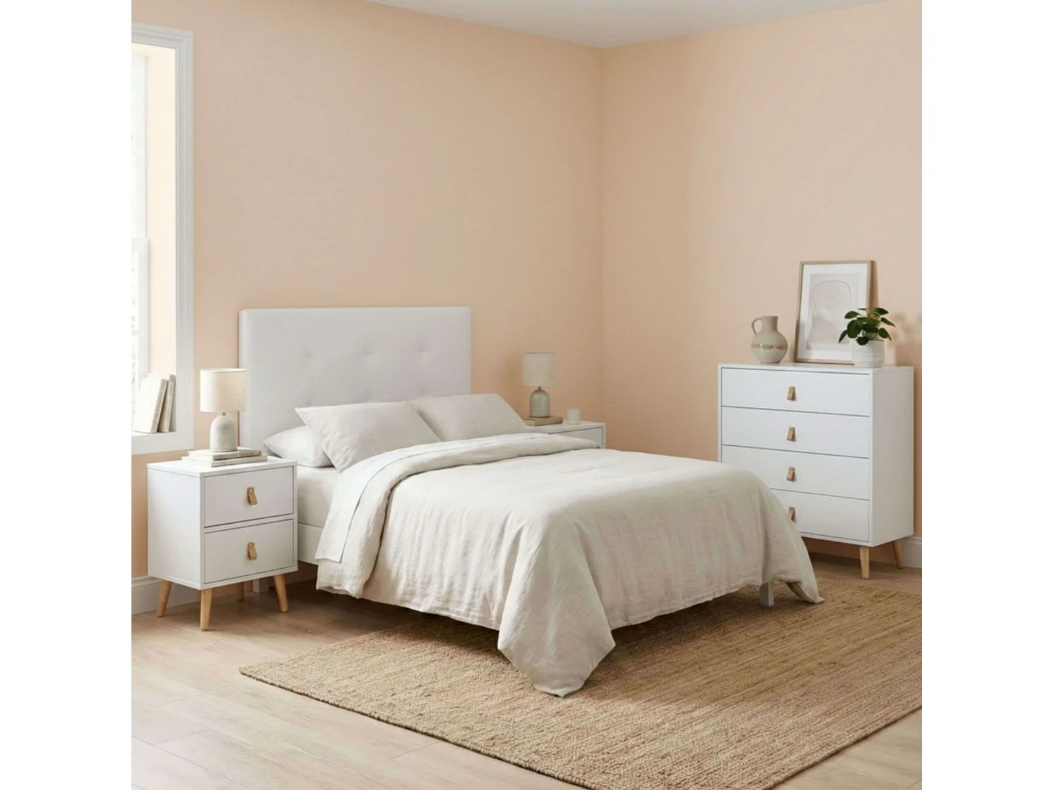 Conjunto de quarto: cabeceira estofada (135-150 cm) + 2 mesas de cabeceira Anzio + cômoda Anzio