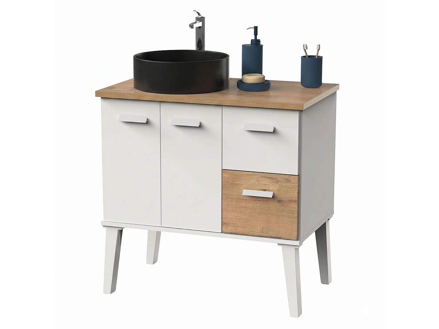 Mueble baño Aqua baño 3 caj patas blanco madera claro lavabo negro 82 cm
