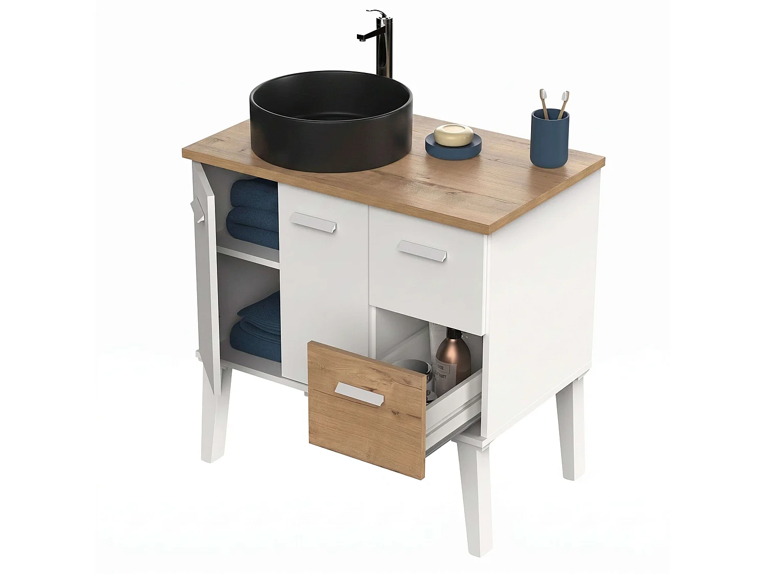 Mueble baño Aqua baño 3 caj patas blanco madera claro lavabo negro 82 cm