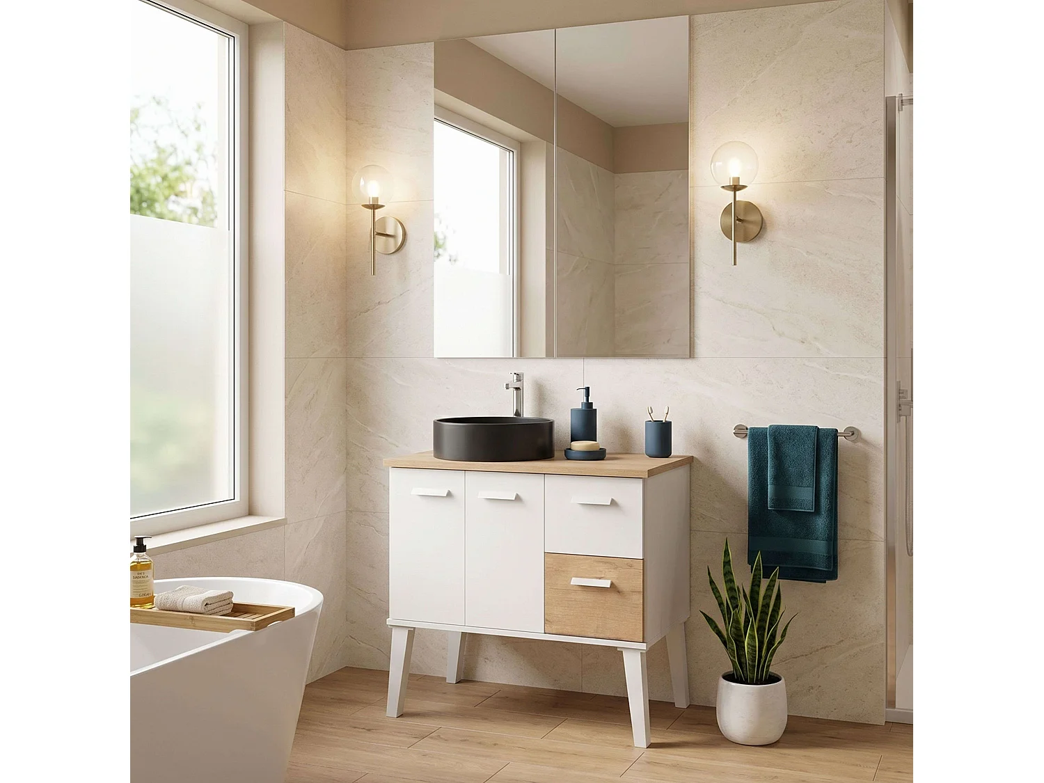 Mueble baño Aqua baño 3 caj patas blanco madera claro lavabo negro 82 cm