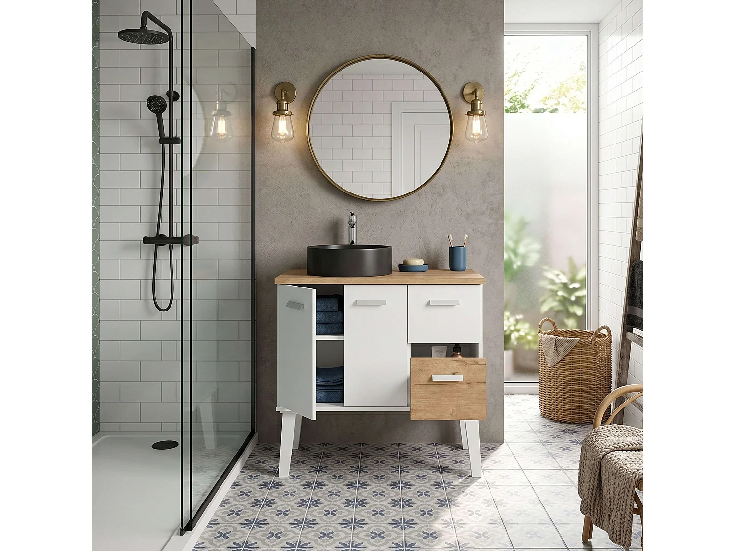 Mueble baño Aqua baño 3 caj patas blanco madera claro lavabo negro 82 cm