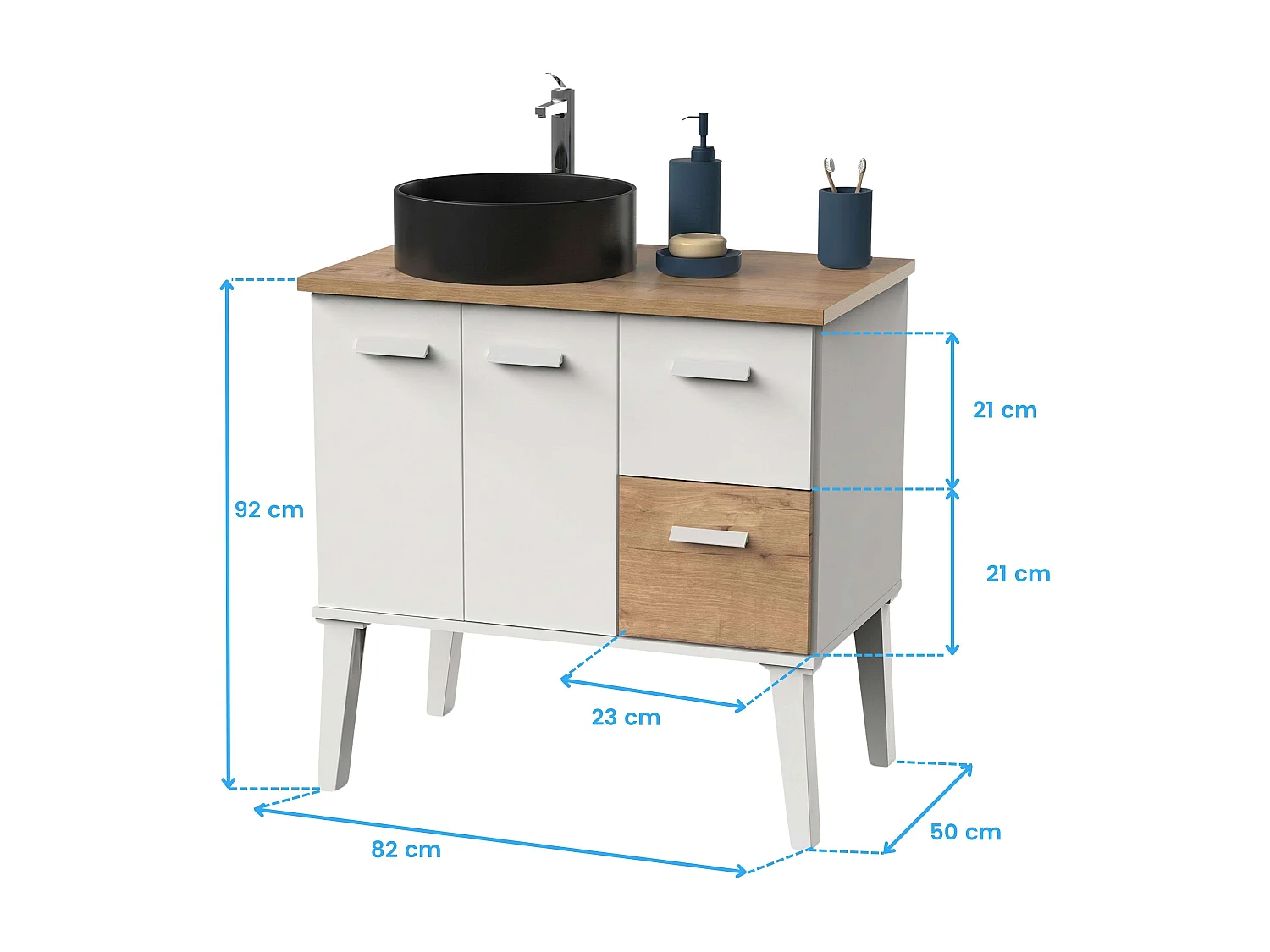 Mueble baño Aqua baño 3 caj patas blanco madera claro lavabo negro 82 cm