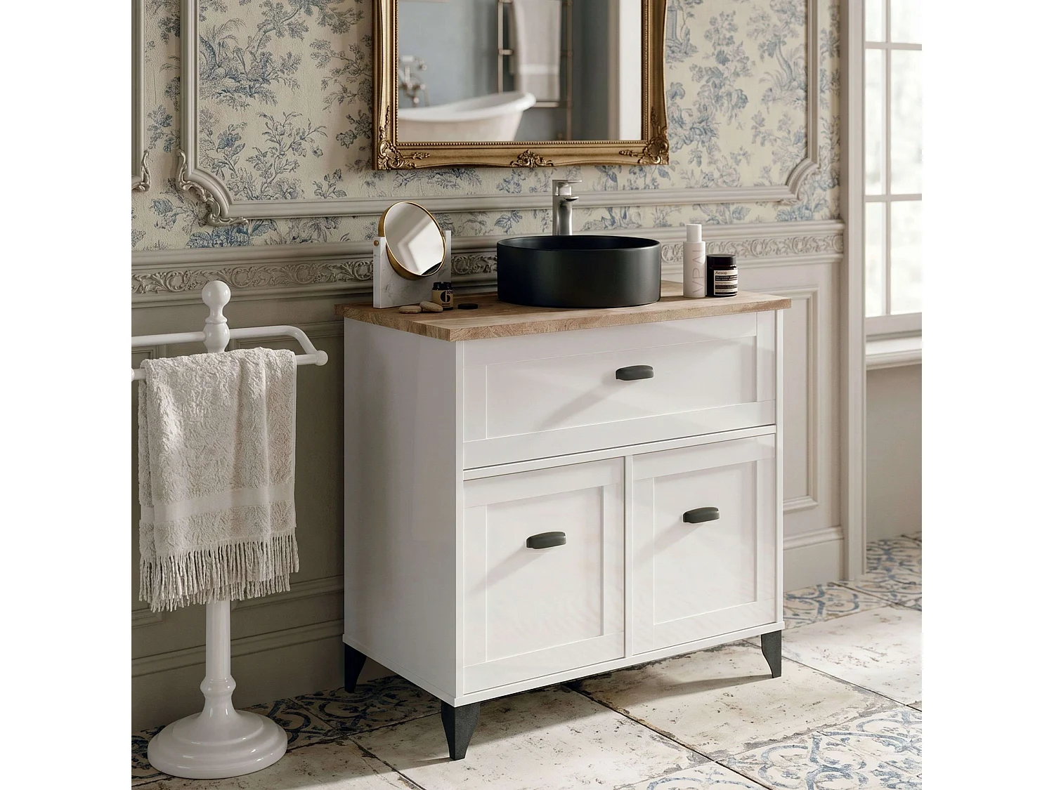 Mueble de baño con patas Siena Cottage con lavabo cerámico negro 82 cm