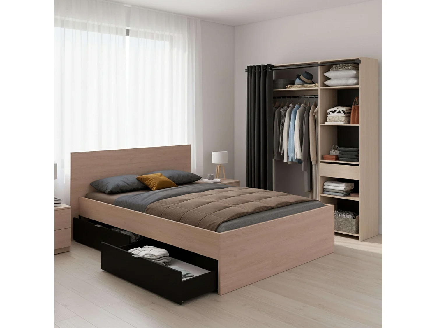Conjunto de quarto com cama de 160x200 cm com gavetas + closet com 5 prateleiras e 1 gaveta.
