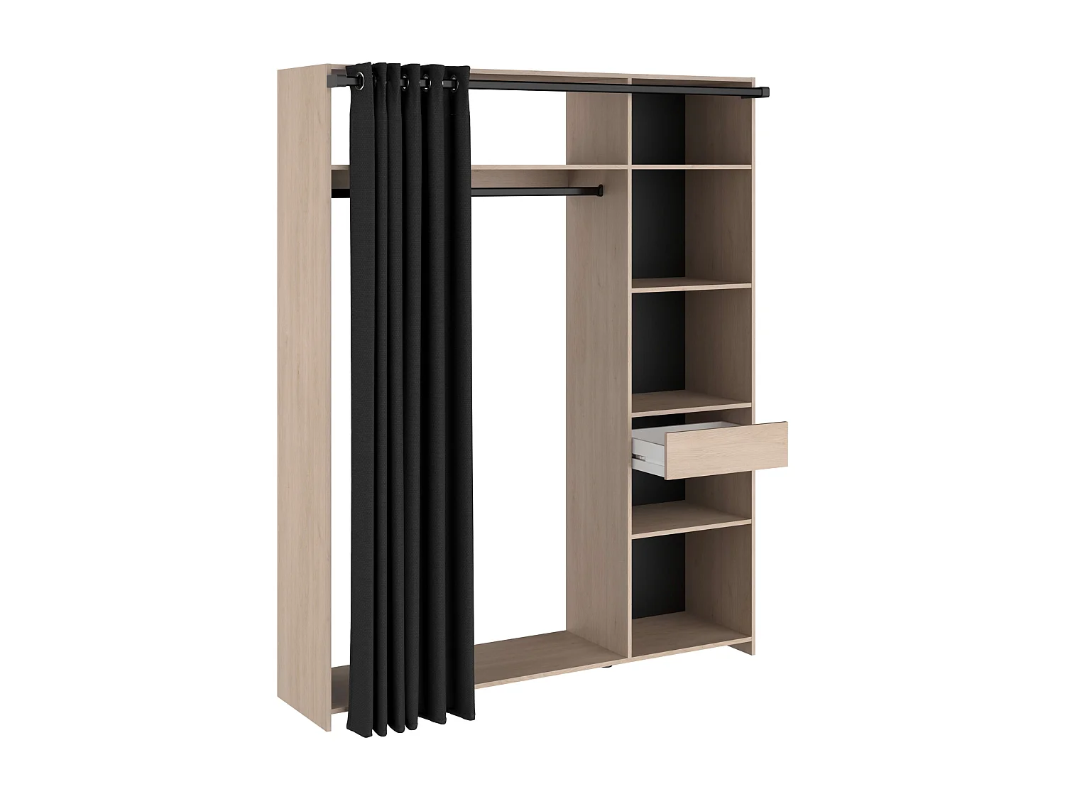 Conjunto de quarto com cama de 160x200 cm com gavetas + closet com 5 prateleiras e 1 gaveta.