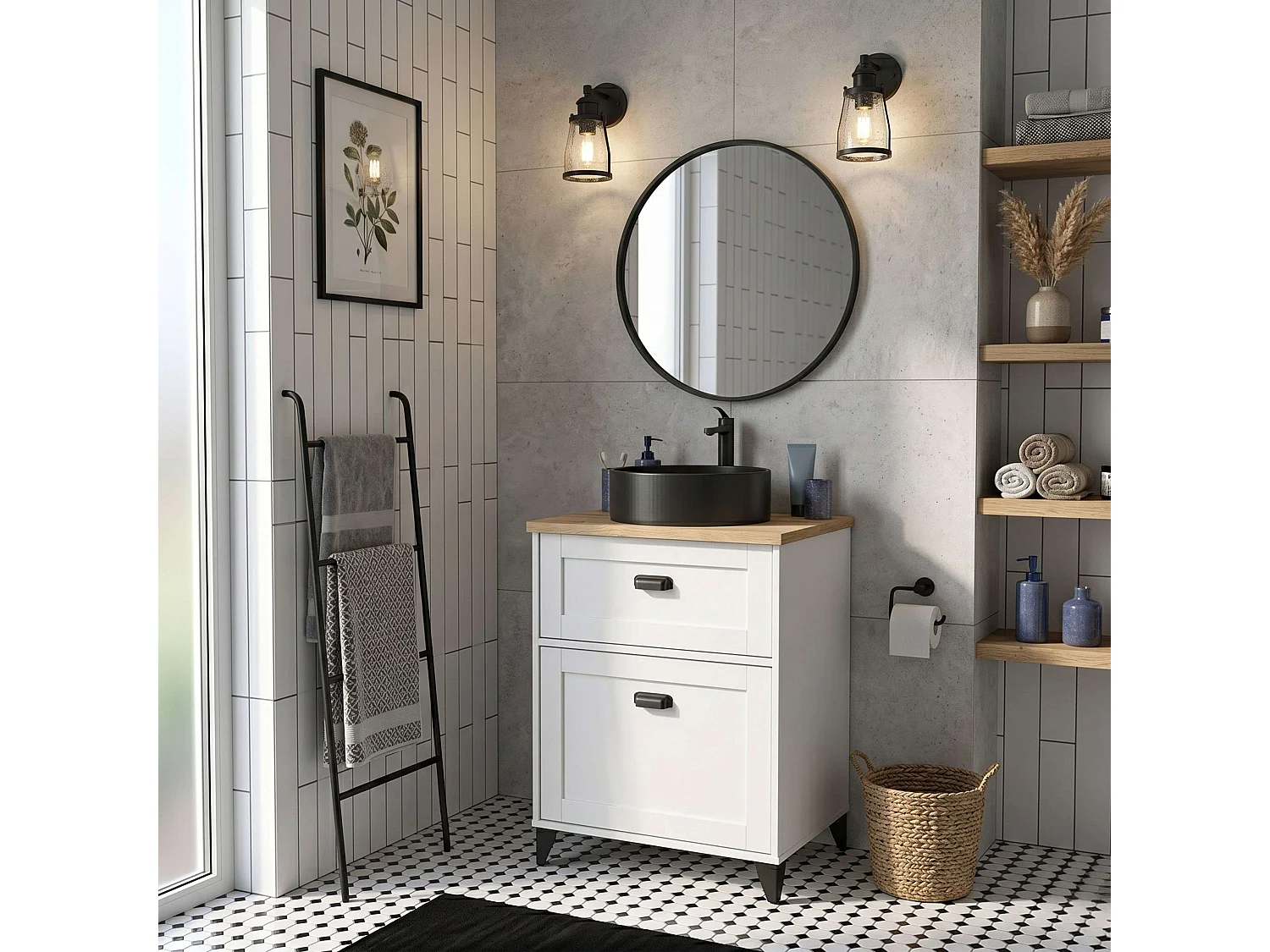 Mueble de baño Toscana 2 cajones colores blanco y madera claro 61 cm