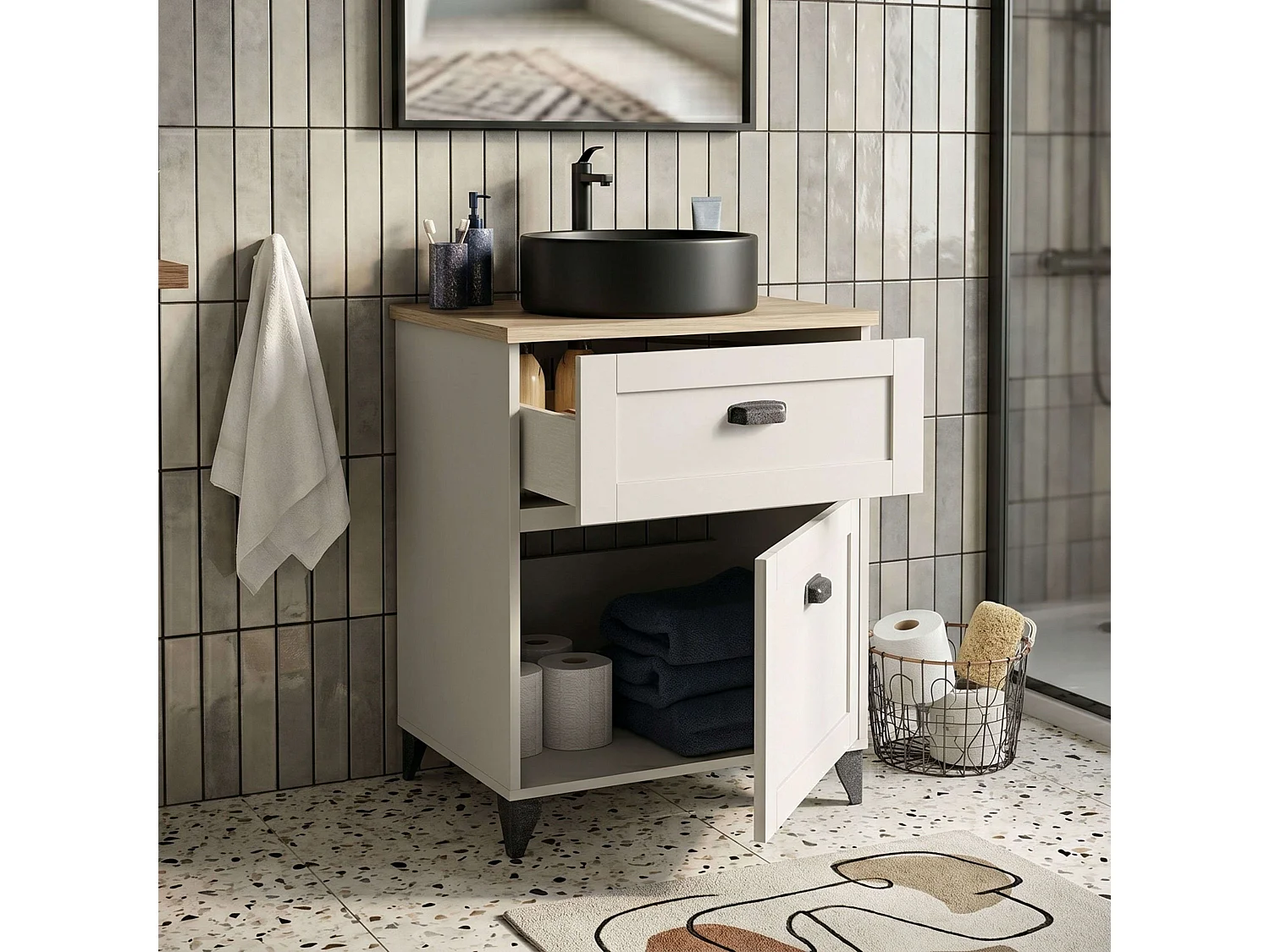 Mueble de baño Toscana 2 cajones colores blanco y madera claro 61 cm