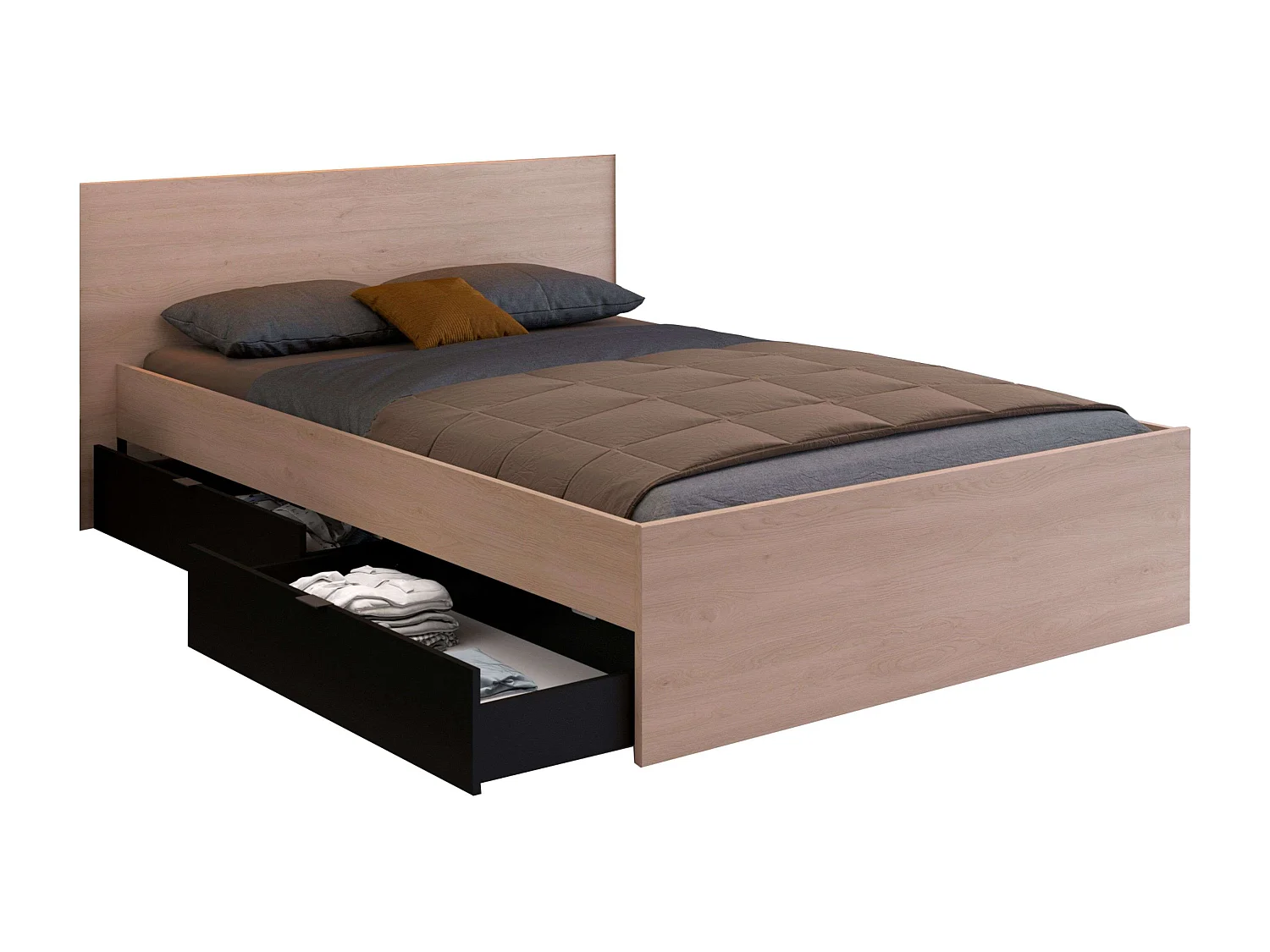Conjunto de quarto Brooklyn em carvalho e preto texturizado: cama com gavetas + closet