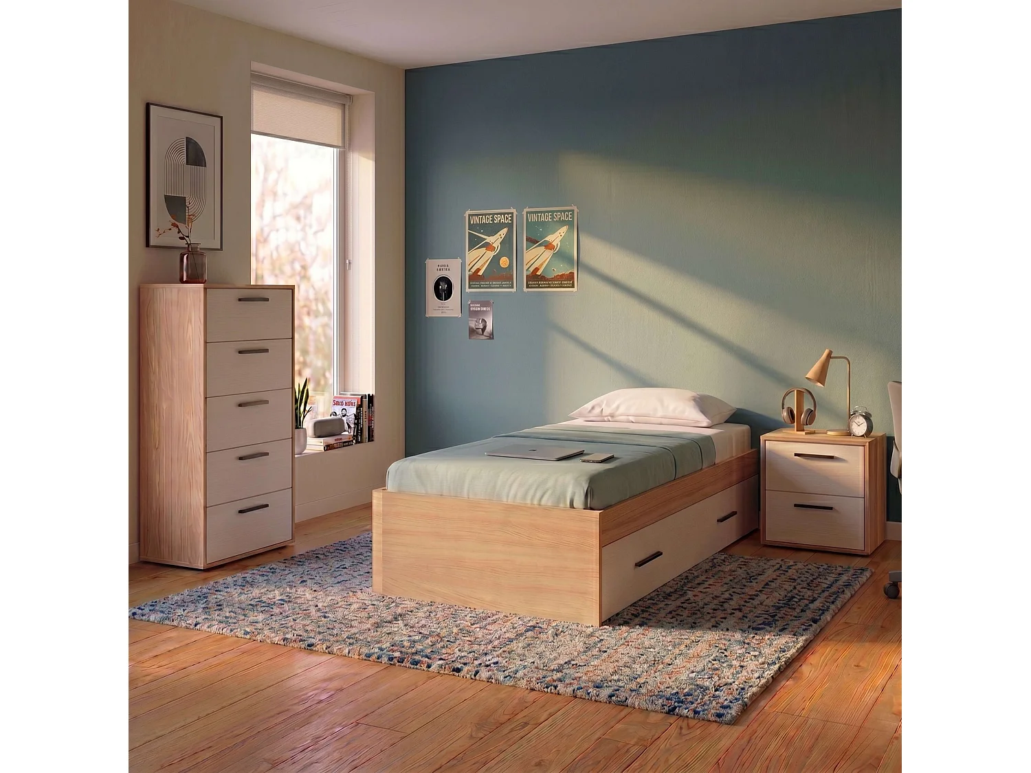 Conjunto de quarto Rosi, branco e madeira clara, cama auxiliar 90x190 cm + mesa de cabeceira + cômoda