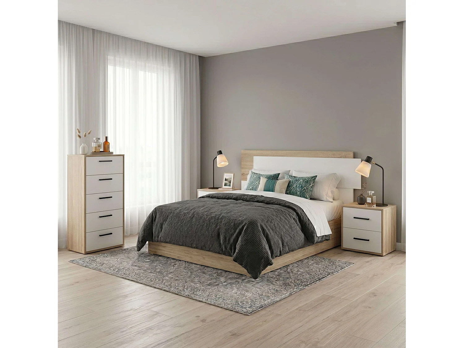 Conjunto de quarto em carvalho Cambriano e branco fosco (cabeceira + 2 mesas de cabeceira + cômoda)