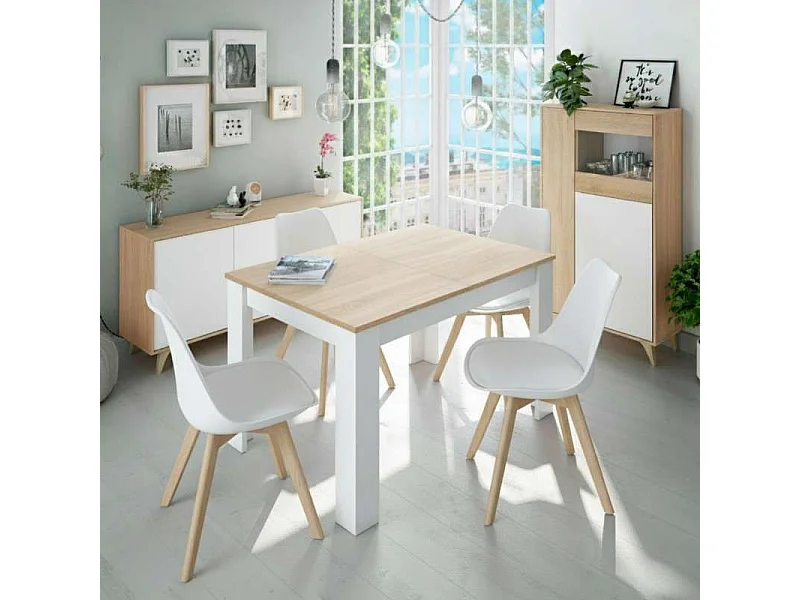 Conjunto 4 Muebles Salón Color Blanco Kendra y Roble Canadian (mesa comedor extensible, vitrina, aparador, 4u silla)