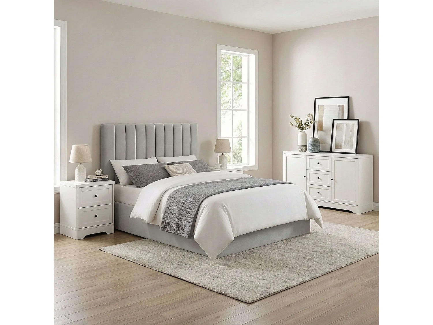 Conjunto de quarto branco e cinza: cabeceira Bursa + aparador Ottavia + 2 mesas de cabeceira Ottavia