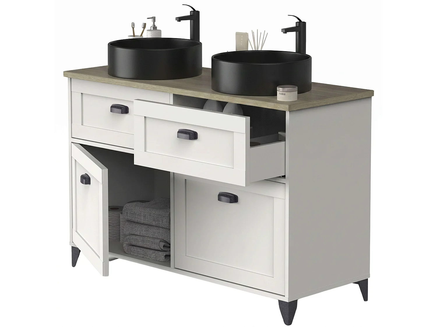 Mueble baño Toscana blanco soft roble cambrian 120 cm lavabos negros dobles
