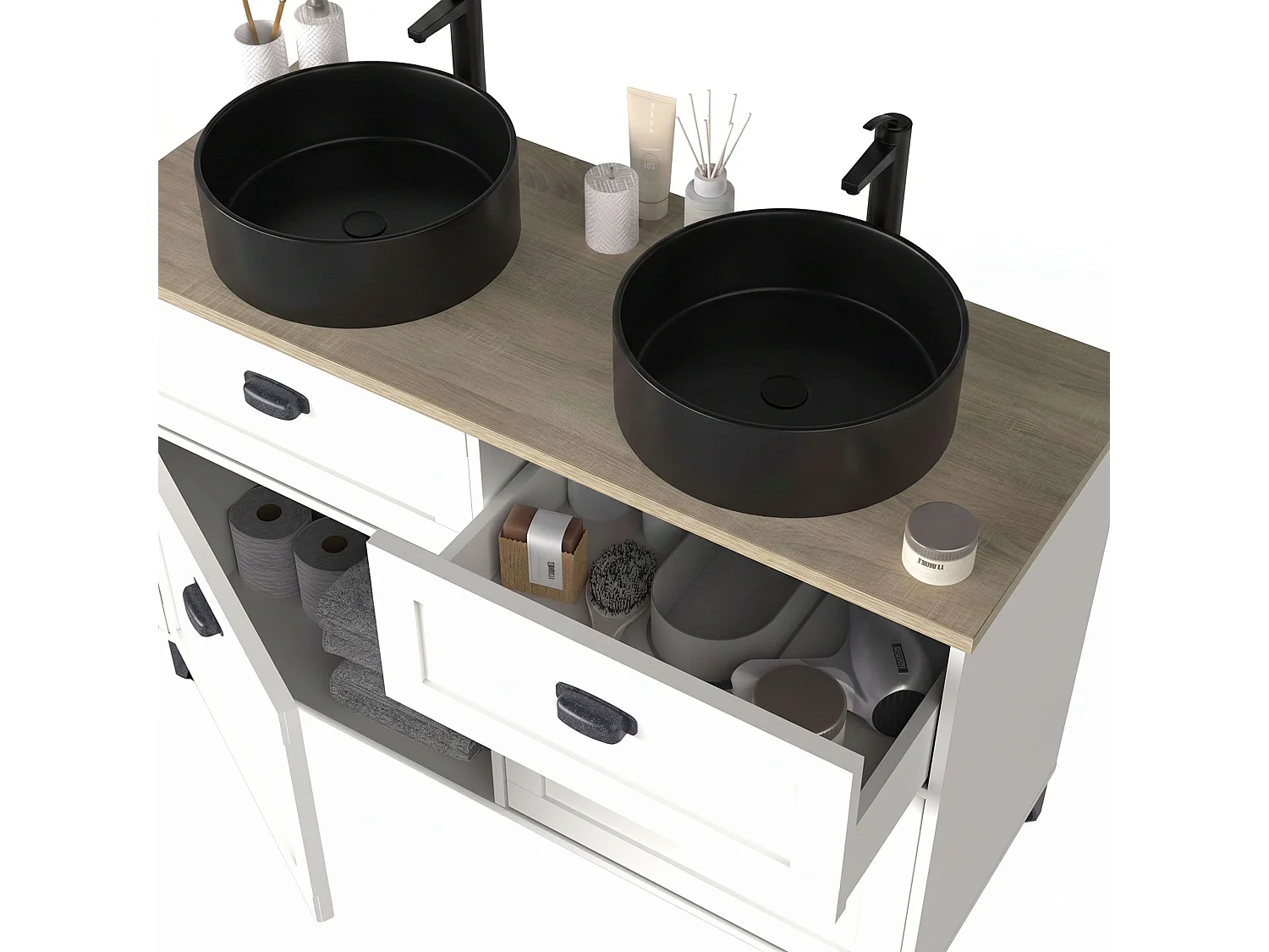 Mueble baño Toscana blanco soft roble cambrian 120 cm lavabos negros dobles