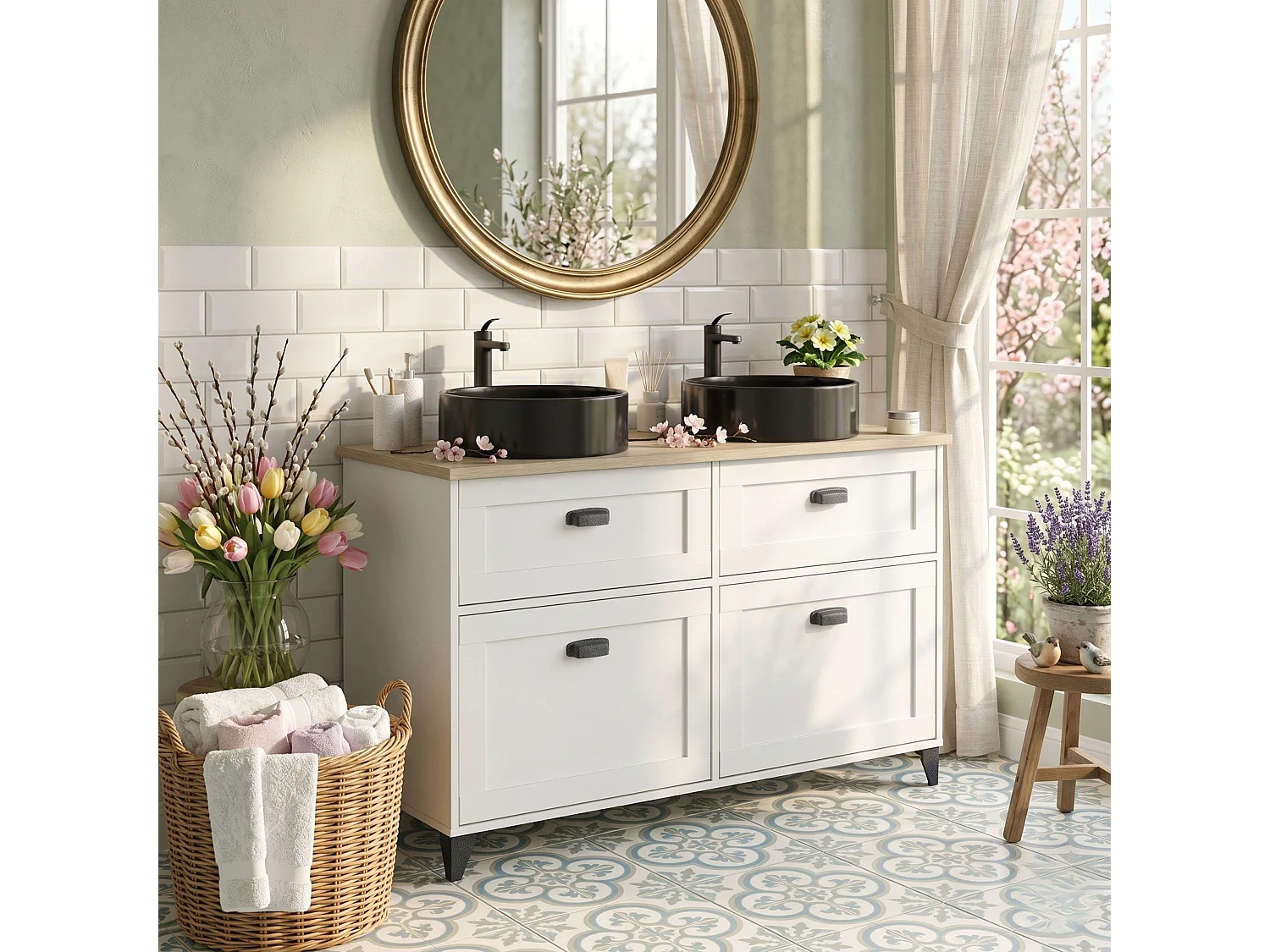 Mueble baño Toscana blanco soft roble cambrian 120 cm lavabos negros dobles