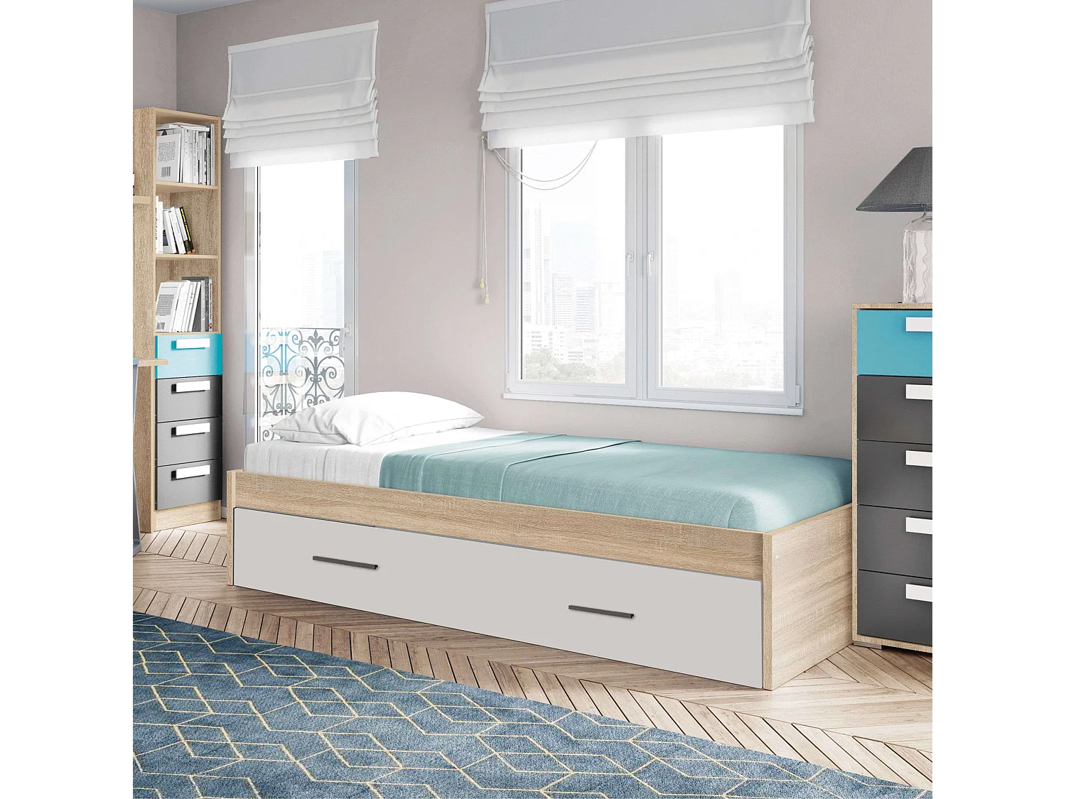 Cama auxiliar Lopa para quarto juvenil, em melamina branca e cambriana, 41x201x99 cm