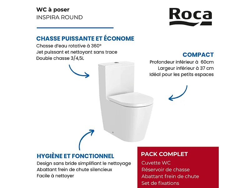 WC à poser compact sans bride sortie réversible ROCA Inspira Round blanc brillant avec abattant frein de chute