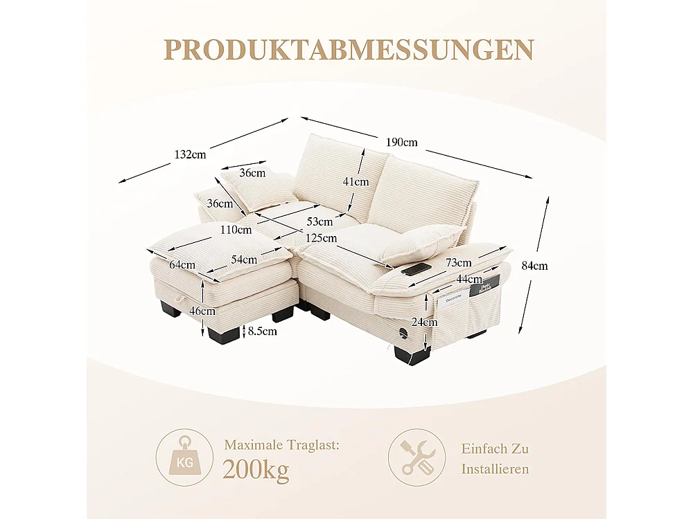 Canapé 2 places velours côtelé, repose-pieds inclus，mousse haute densité,port USB-C et poches latérales，beige