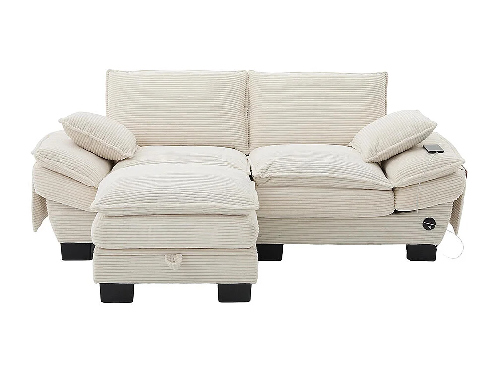 Canapé 2 places velours côtelé, repose-pieds inclus，mousse haute densité,port USB-C et poches latérales，beige