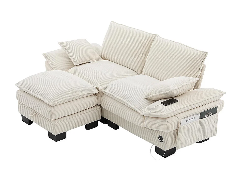 Canapé 2 places velours côtelé, repose-pieds inclus，mousse haute densité,port USB-C et poches latérales，beige