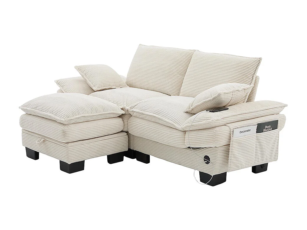 Canapé 2 places velours côtelé, repose-pieds inclus，mousse haute densité,port USB-C et poches latérales，beige