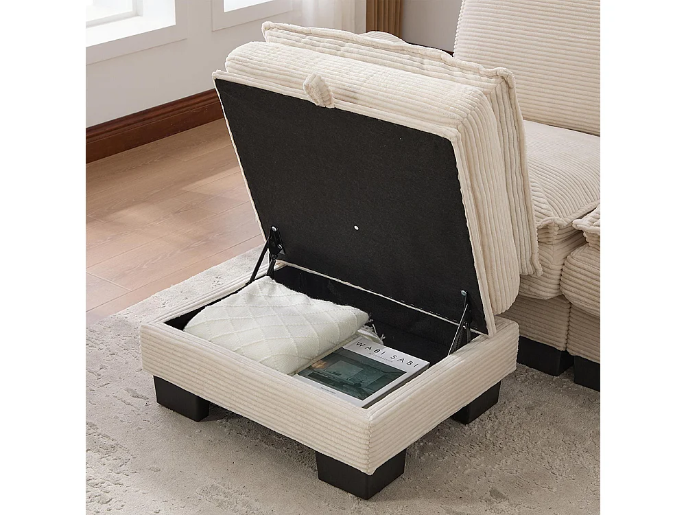 Canapé 2 places velours côtelé, repose-pieds inclus，mousse haute densité,port USB-C et poches latérales，beige
