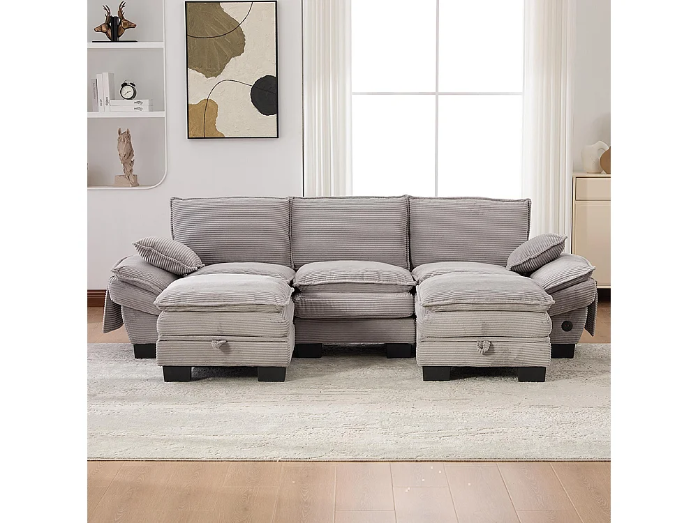 Canapé 3 places velours côtelé, avec deux repose-pieds，mousse haute densité,port USB-C et poches latérales，gris clair