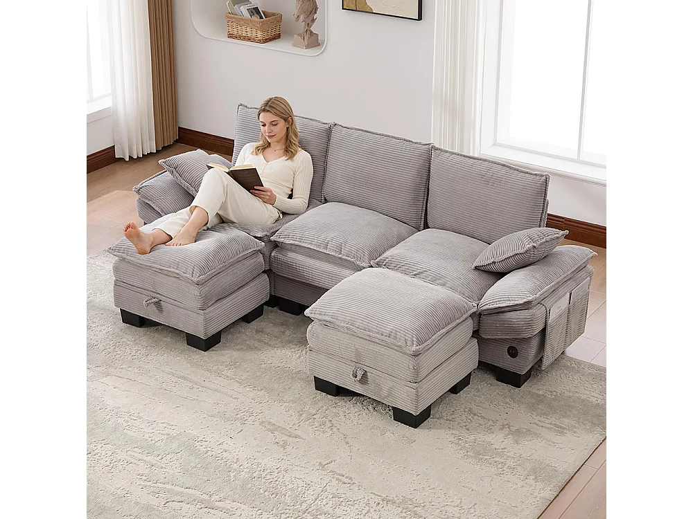 Canapé 3 places velours côtelé, avec deux repose-pieds，mousse haute densité,port USB-C et poches latérales，gris clair