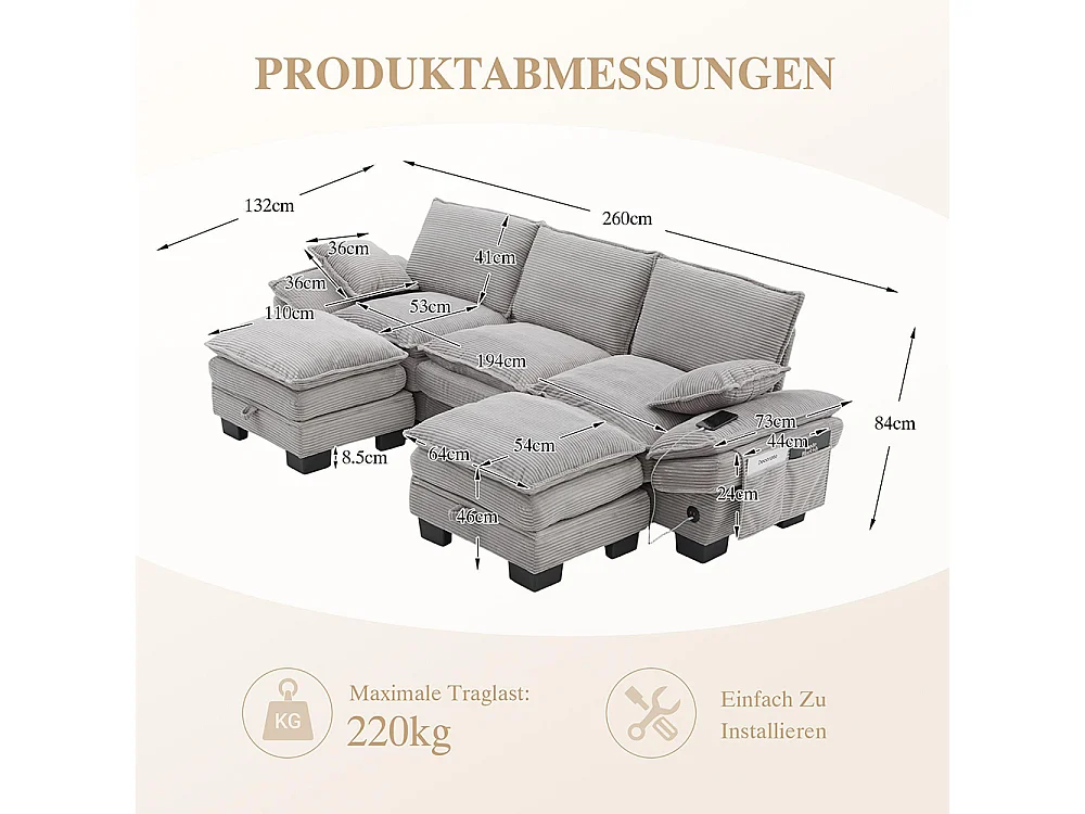 Canapé 3 places velours côtelé, avec deux repose-pieds，mousse haute densité,port USB-C et poches latérales，gris clair
