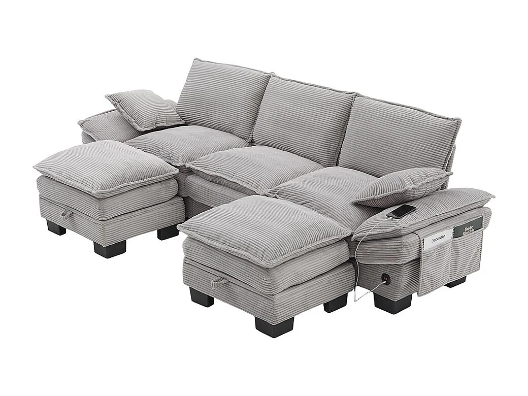 Canapé 3 places velours côtelé, avec deux repose-pieds，mousse haute densité,port USB-C et poches latérales，gris clair