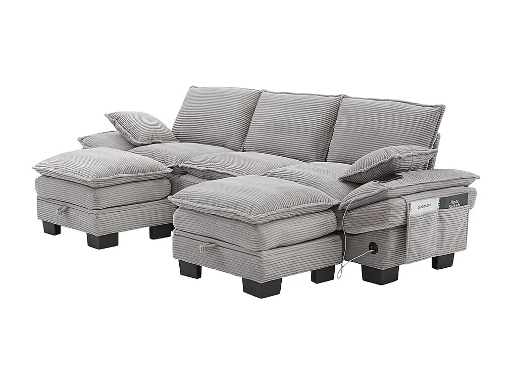 Canapé 3 places velours côtelé, avec deux repose-pieds，mousse haute densité,port USB-C et poches latérales，gris clair