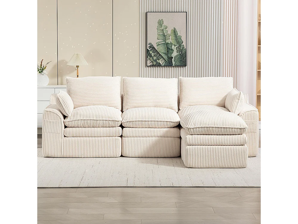 Driezitsbank (met voetensteun), van corduroy, met kussens en zijvakken, vulling van schuim en veren, beige