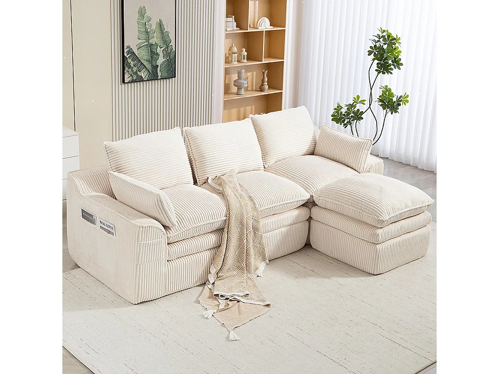 Driezitsbank (met voetensteun), van corduroy, met kussens en zijvakken, vulling van schuim en veren, beige