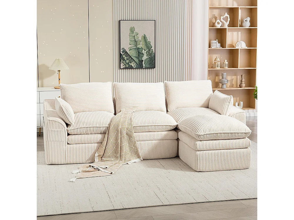 Driezitsbank (met voetensteun), van corduroy, met kussens en zijvakken, vulling van schuim en veren, beige