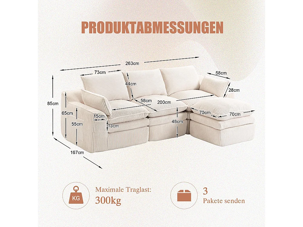 Driezitsbank (met voetensteun), van corduroy, met kussens en zijvakken, vulling van schuim en veren, beige