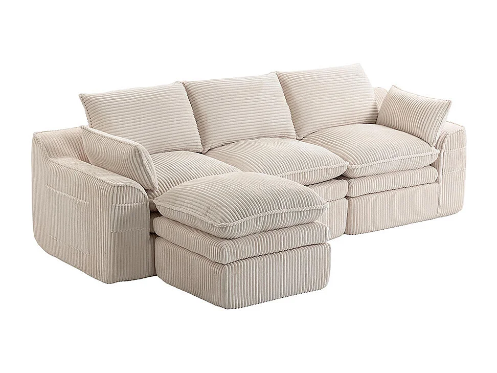 Driezitsbank (met voetensteun), van corduroy, met kussens en zijvakken, vulling van schuim en veren, beige