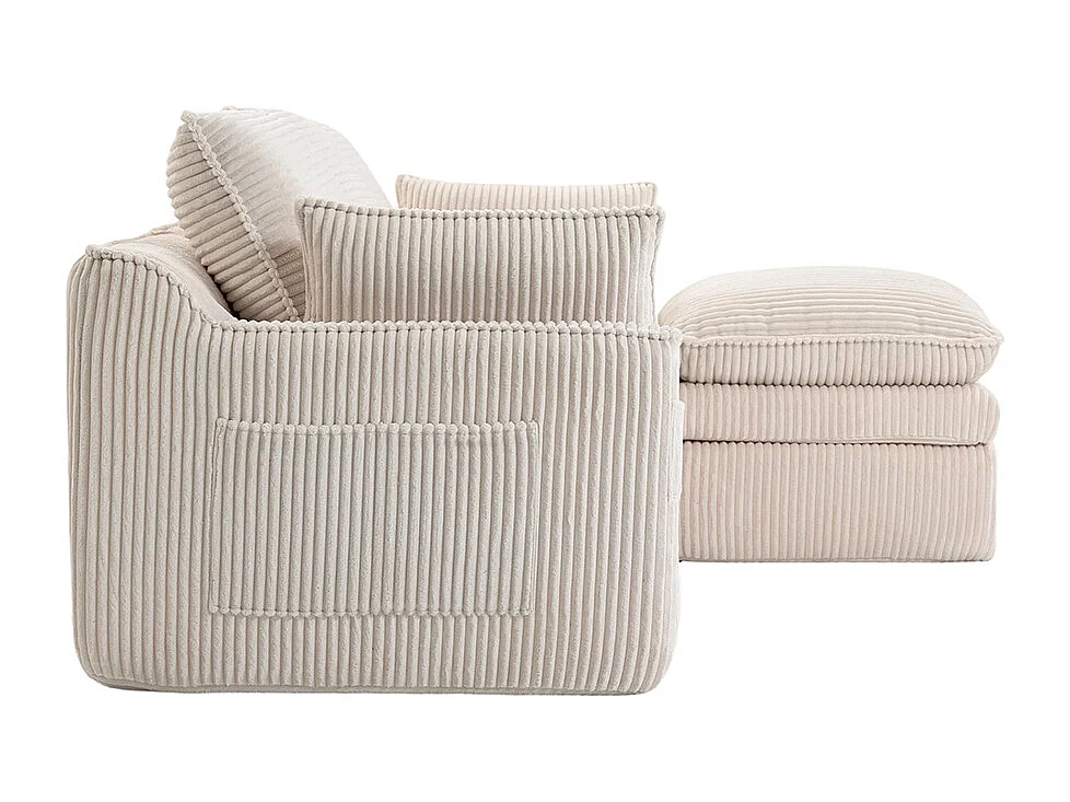 Driezitsbank (met voetensteun), van corduroy, met kussens en zijvakken, vulling van schuim en veren, beige