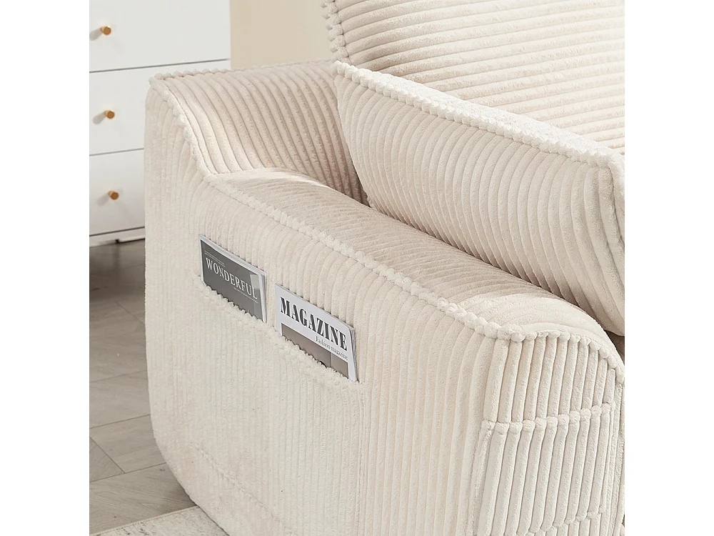 Driezitsbank (met voetensteun), van corduroy, met kussens en zijvakken, vulling van schuim en veren, beige