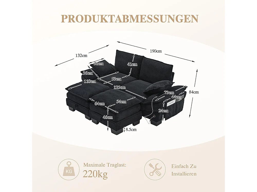 Canapé 2 places velours côtelé, avec deux repose-pieds，mousse haute densité,port USB-C et poches latérales，noir