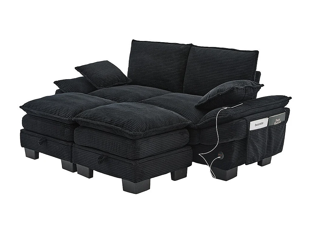 Canapé 2 places velours côtelé, avec deux repose-pieds，mousse haute densité,port USB-C et poches latérales，noir
