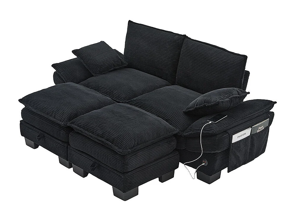 Canapé 2 places velours côtelé, avec deux repose-pieds，mousse haute densité,port USB-C et poches latérales，noir